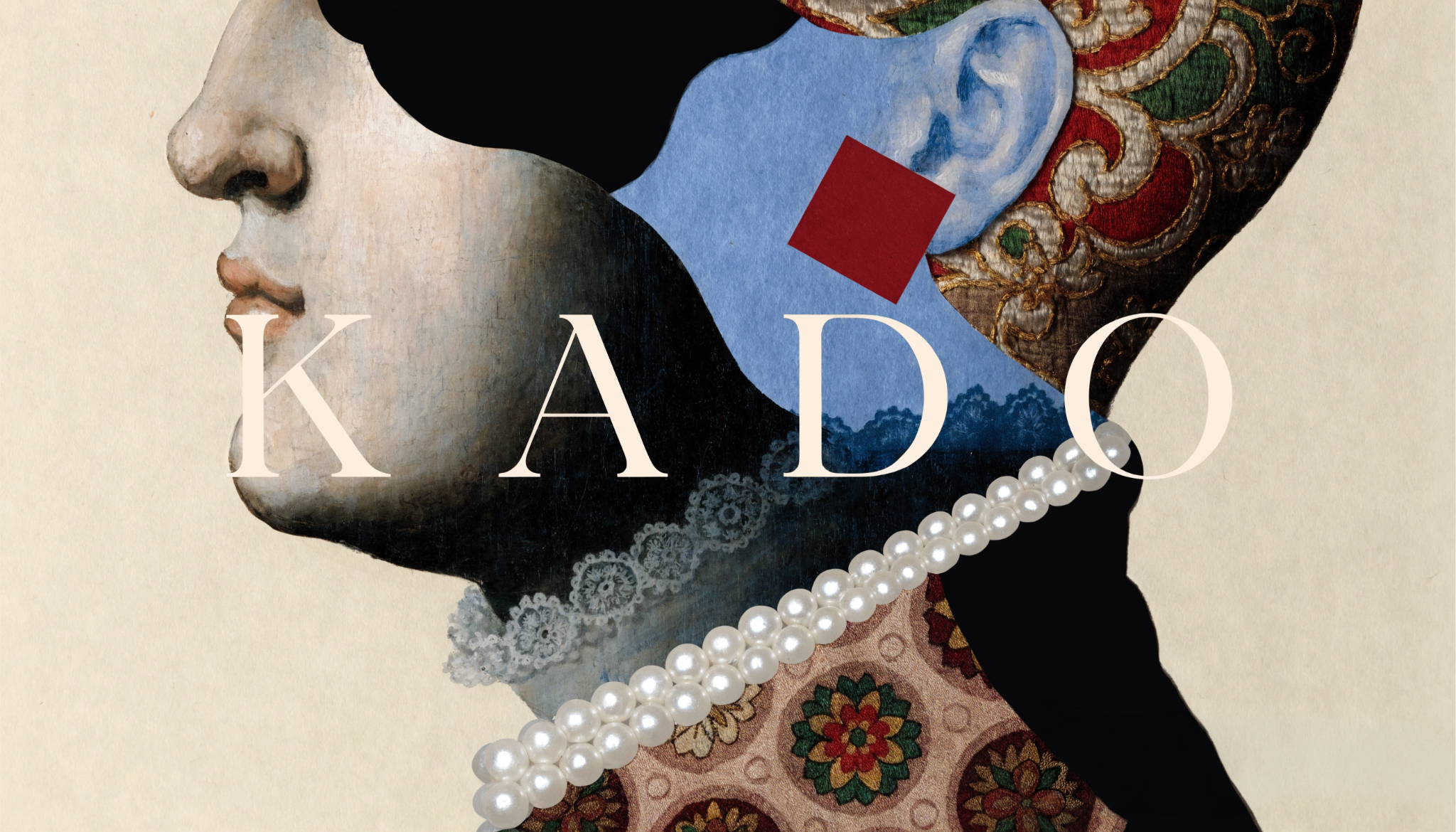 KADO editorial collage with a classical profile, blue paper, red square and pearls.